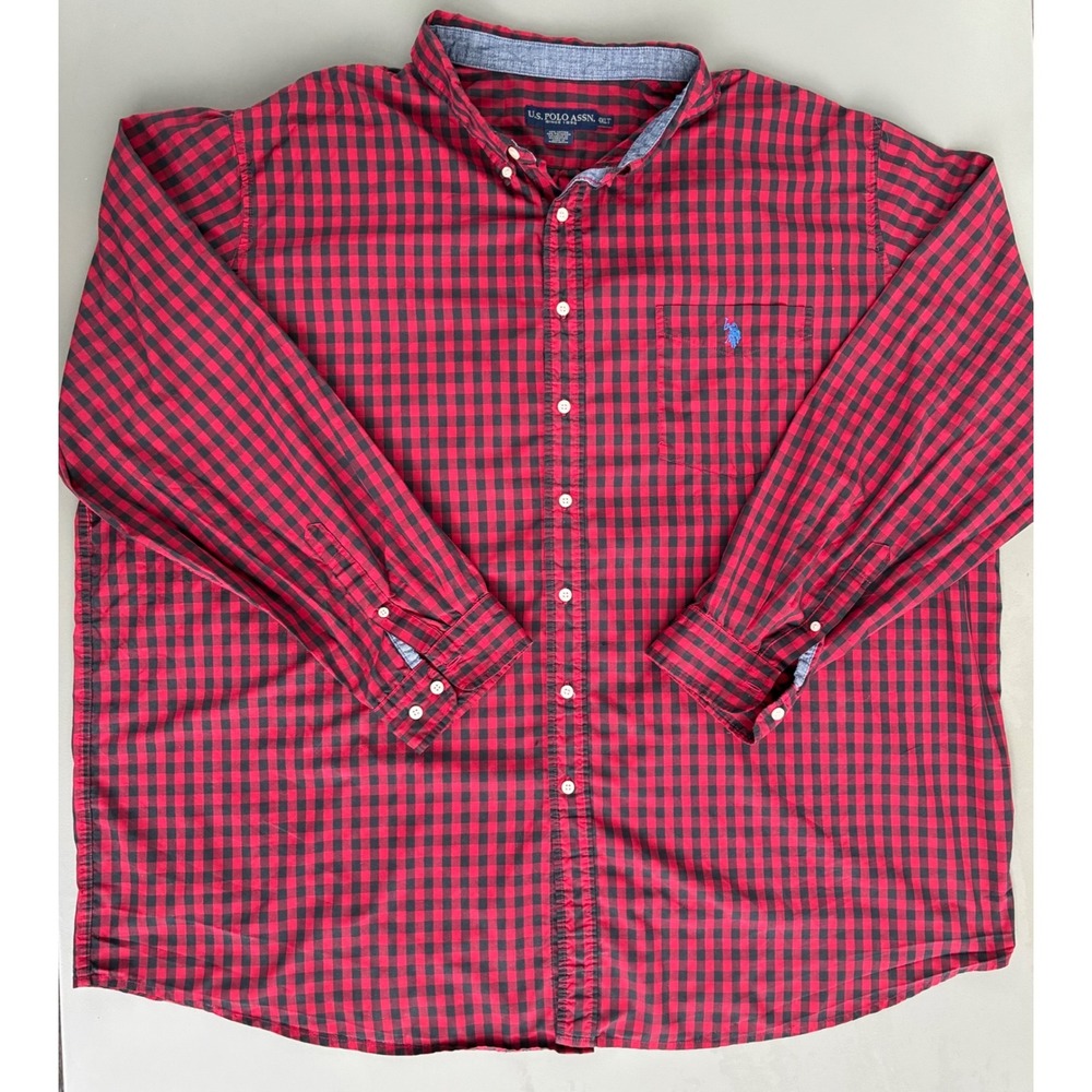 US Polo Assn 4XLT Red Black Plaid Long Sleeve Button Down Shirt Tall